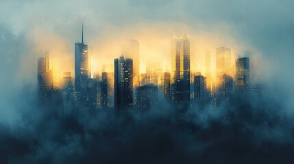 Obraz premium Surreal City Skyline Shrouded in Mystical Fog