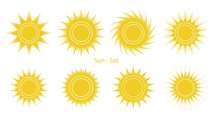 Funny yellow sun icon collection. Sunrise summer concept sign set to use for summer vacation, turism, summer holiday projects.