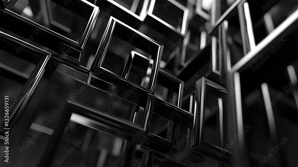 Poster glossy black square frames interlock, forming an intricate abstract structure