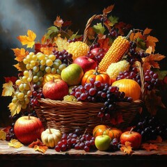 autumn harvest basket filled with colorful fruits and vegetables like pumpkins grapes corn apples thanksgiving