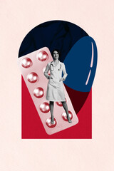 Composite sketch image design trend artwork collage of healthcare infection hospital nurse care prescription ill young lady stand drugs