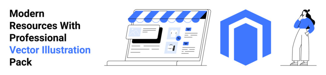 Laptop with storefront interface, abstract hexagonal icon, contemplative woman. Ideal for business, e-commerce, design, branding, marketing, presentations flat landing page banner