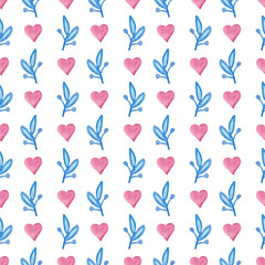 Seamless watercolor pattern with hearts and watercolor flowers. Botanical pattern