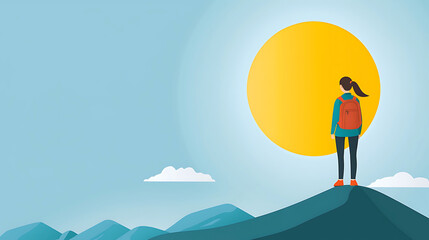 Obraz premium person standing on mountain peak, gazing at large sun, symbolizes adventure and exploration