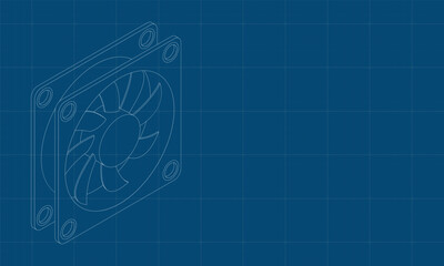 Isometric computer fan blueprint. Computer fan cooler. Isometric of PC case fan. Computer hardware components. Vector illustration