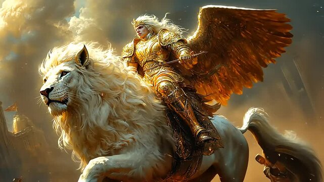 Angelic warrior riding a majestic lion in battle