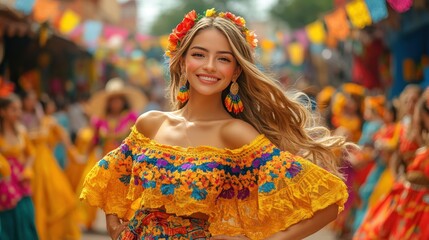 Smiling woman in vibrant festival attire