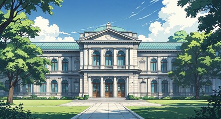 Fototapeta premium Library with classic architecture building design on manga design illustration background