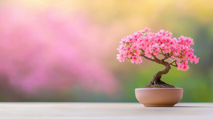 beautiful bonsai tree with pink flowers in pot, set against soft, blurred background of pink blossoms, creating serene and tranquil atmosphere
