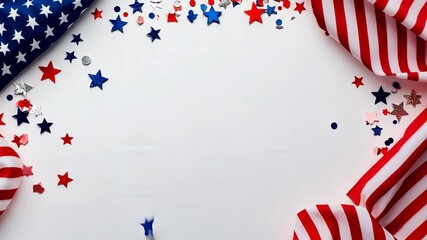 American flag waving alongside decorative star pattern, symbolizing national pride against pristine white background holiday, Veterans 4, July or memorial day copy space for text video 4k