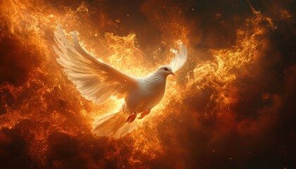 Majestic White Dove Surrounded by Fiery Smoke Trails on Dark Background, Symbol of Holy Spirit and Blessing