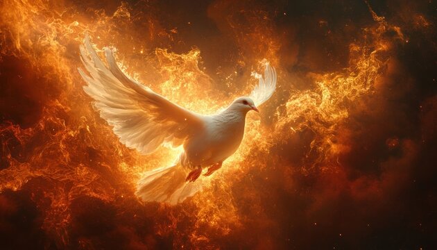 Majestic White Dove Surrounded by Fiery Smoke Trails on Dark Background, Symbol of Holy Spirit and Blessing