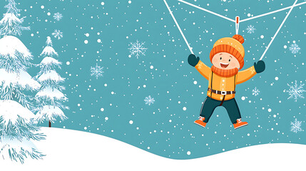 Happy child in winter attire enjoying snow, swinging with joy in snowy landscape