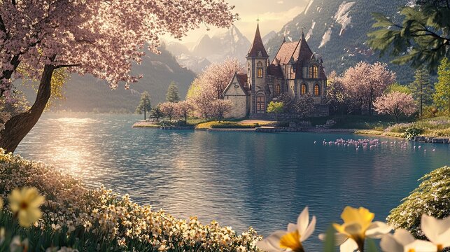 A picturesque castil exterior near a tranquil lake, ,generate AI