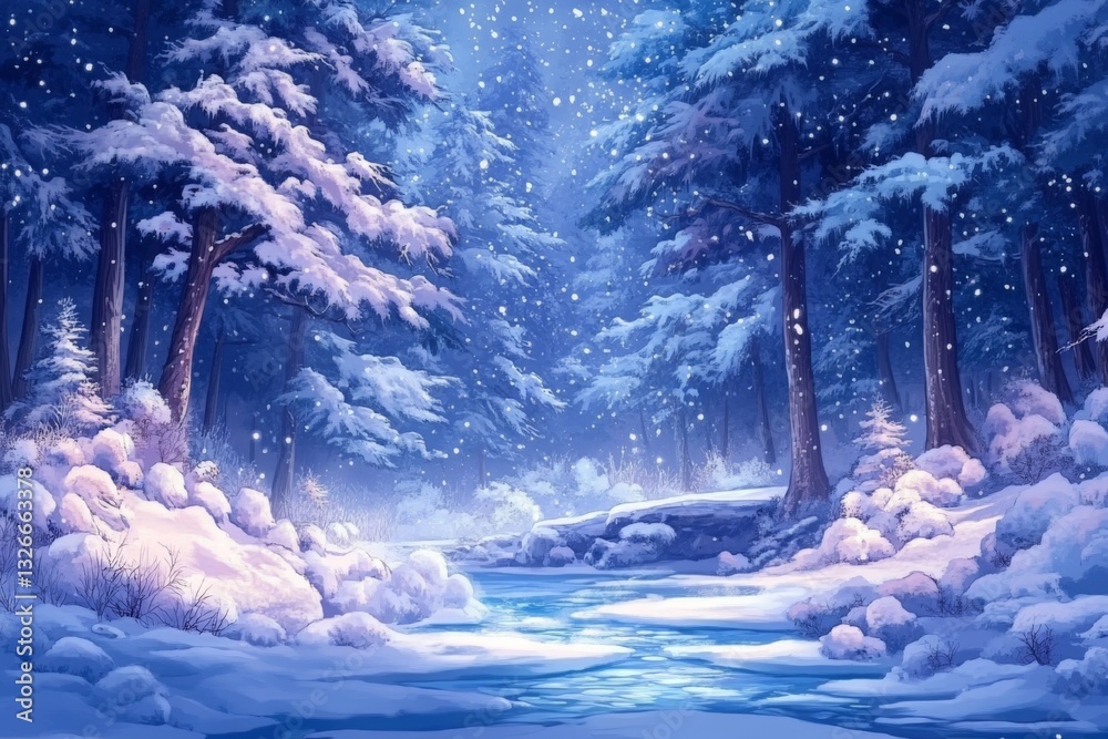 Poster Winter landscape with falling snow and a serene river flowing through a tranquil forest setting in a snowy environment