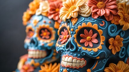 Floral Sugar Skulls, Dia de los Muertos, Dark Background