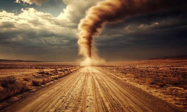 A powerful dust devil swirling over a desolate dirt road in an arid, ominous landscape.