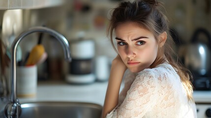 Sad young woman leaning on kitchen sink contemplating dishes