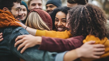 Fototapeta premium Group of happy multiethnic friends embracing together outdoors