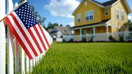 United states flag waving proudly in the wind, positioned in front a of residential home, representing patriotism and the american dream of home ownership video 4k