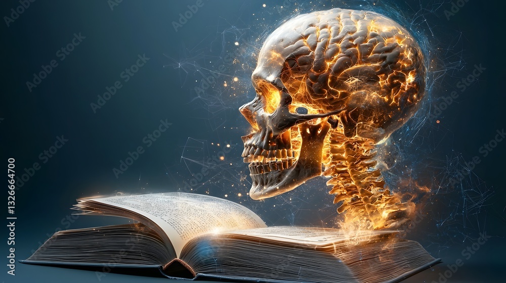 Poster revealing the hidden truths a digitized x ray scan unveils the skeletal anatomy within an open book 
