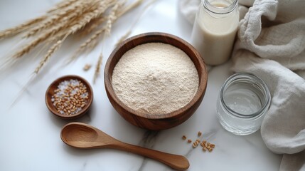 Crafting Pain Petit Epeautre: A Visual Journey Through Fresh Baking Ingredients on a Marble Countertop