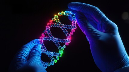 Exploring the vibrant world of DNA manipulation with gloved hands in dynamic hues against a dark background