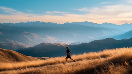Obraz premium Engaging in a journey towards health, an average-built man jogs through a breathtaking landscape filled with rolling hills and majestic mountains under a serene sky