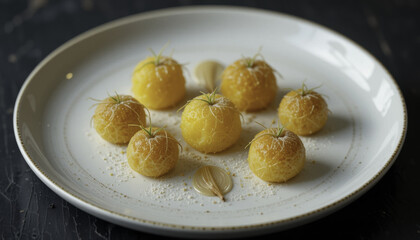 beautifully arranged plate of gourmet yellow spheres garnished with delicate herbs and accompanied by thinly sliced onions, showcasing modern culinary presentation