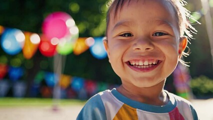 A happy child stands motionless, smiling brightly in a sunny outdoor park, celebrating International Children's Day. The child wears colorful, casual clothing, symbolizing joy, innocence 