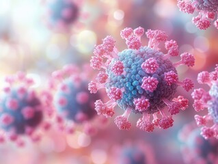 Measles Virus Infection Illustration with Colorful Microscopic Viral Particles and Soft Bokeh Effect