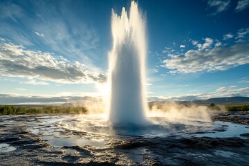 outburst of a geyser in iceland highlights a grand spectacle of a soaring water pillar thermal terrains and strong energy of earth  
