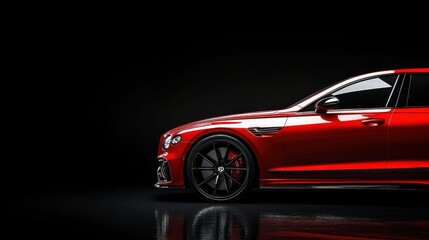 Sleek curves and luxury encapsulate the allure of this vibrant red automobile against a captivating black backdrop