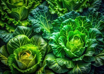 Obraz premium Four unreal lettuce varieties; their green textures, captured in abstract, photographic surrealism.