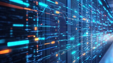 Abstract digital data processing with vibrant lines and glowing elements representing modern technology and communication networks.