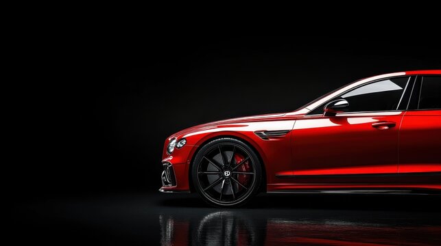 Sleek curves and luxury encapsulate the allure of this vibrant red automobile against a captivating black backdrop