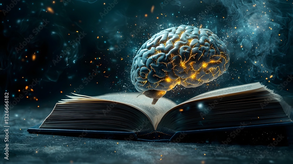 Poster Glowing neural network visualization emerging from the pages of an open book symbolizing the connection between neuroscience mental health and cognitive functions