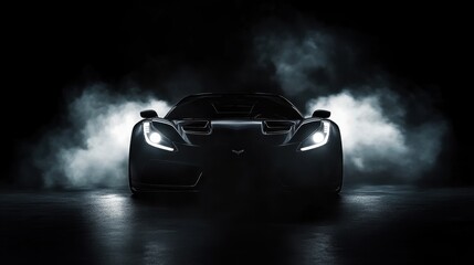 Sleek black sports car emerges from the haze, illuminated by dramatic spotlights against a dark, moody backdrop