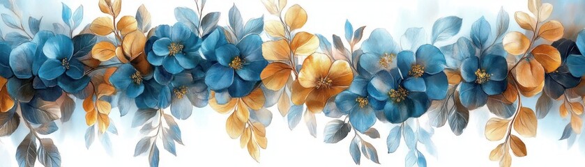 Fototapeta premium Cascading Floral Arrangement in Watercolor with Blue and Golden Flowers and Lush Green Leaves