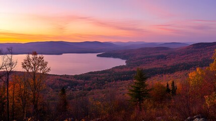 Lake View From Mountains with Autumn Foliage and Colorful Sunset