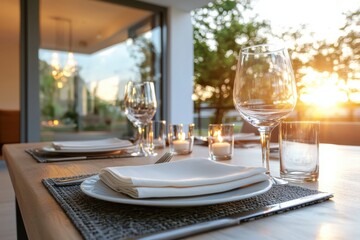 Fototapeta premium Chic table setting with handcrafted napkins outdoor dining lifestyle photography warm lighting angled view unique design