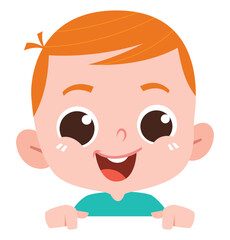 A cute baby with short orange hair and a turquoise onesie smiling joyfully, peeking over the top of something with excitement