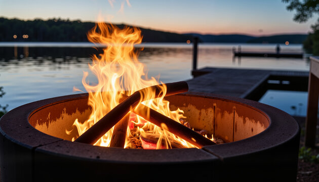 Dancing flames in lakeside firepit at dusk, freedom and warmth