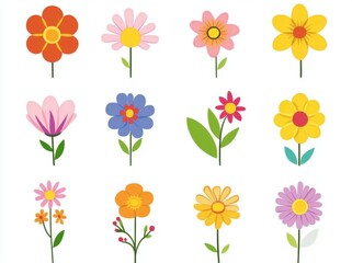 Obraz premium This delightful assortment features cute cartoon flowers in various colors and styles, set against a clean white background