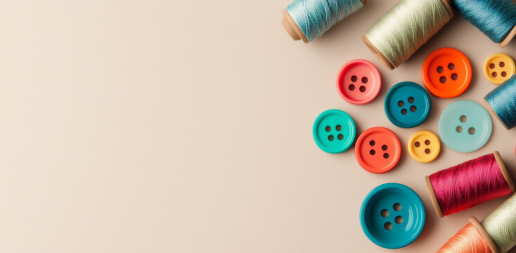 A collection of colorful buttons and spools of thread on a beige background