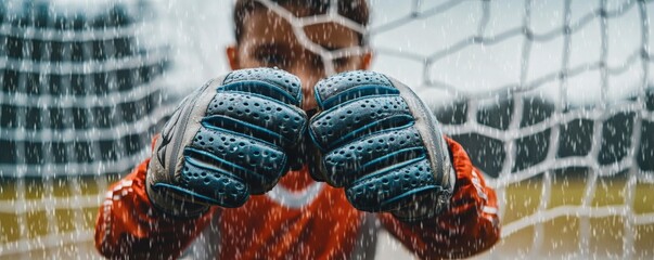 A goalkeeper in gloves standing behind a soccer net in rain