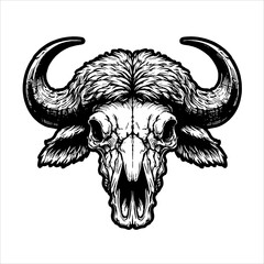 Illustration vector of Buffalo skull head in black white ink 