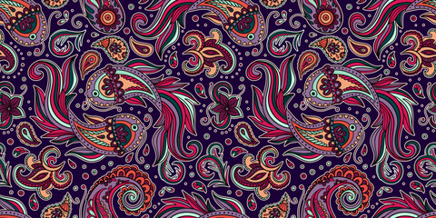 Hand-Drawn Seamless Paisley Pattern With Ornamental Koi Fish And Botanical Elements