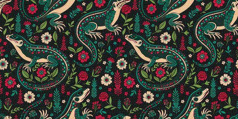 Seamless Vintage Pattern Forest Folk Art Lizard Animal Ethnic Floral Motif Retro Woodland Texture Boho Background