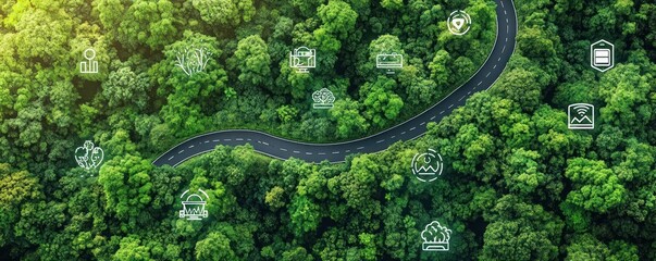 Fototapeta premium Aerial view of eco-friendly transport in lush green forest with sustainability icons